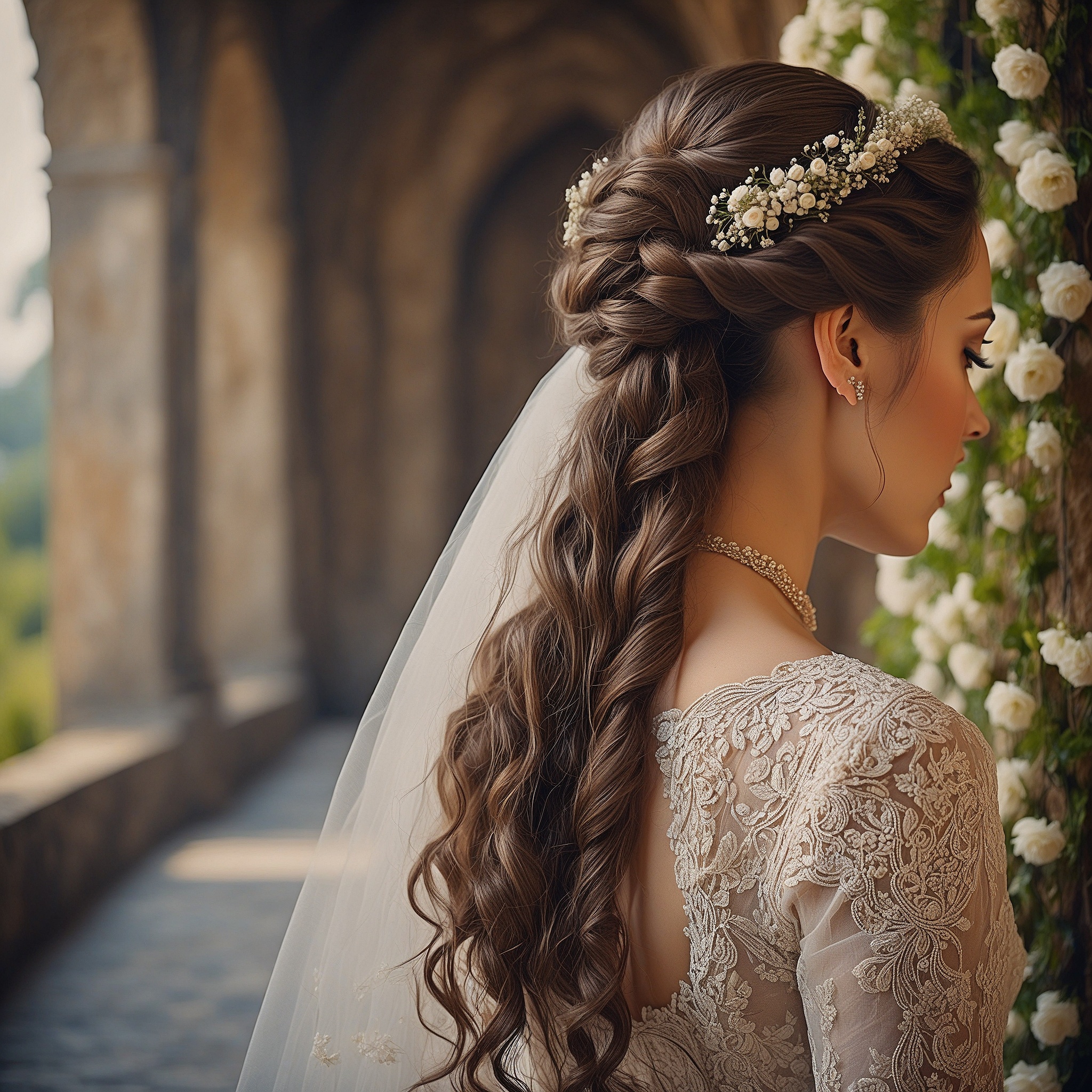 Elegant Loose Half-up Braids Into Bun With Loose Waves