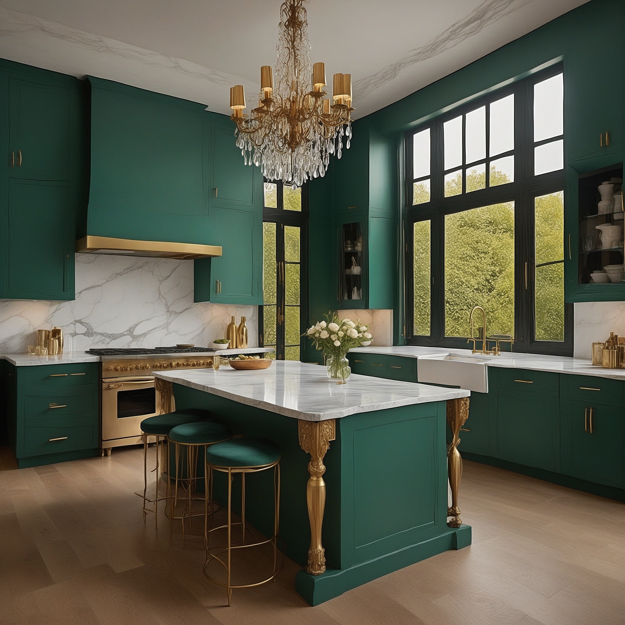 Emerald Green Kitchen With Gold Fixtures