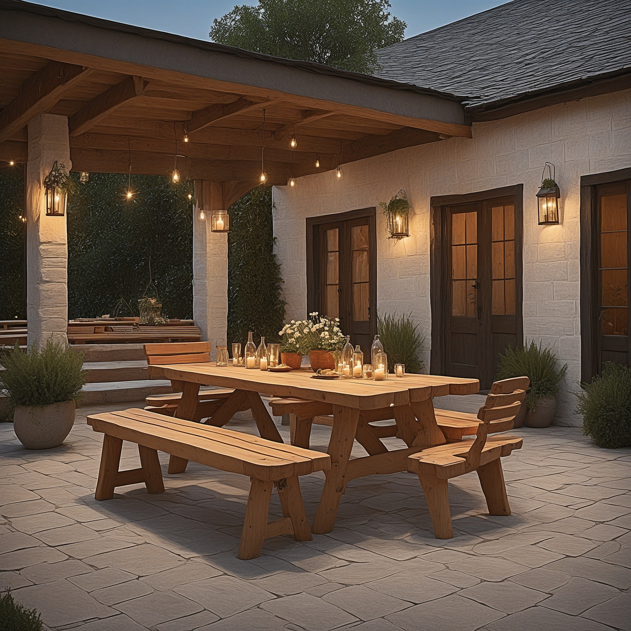 Farmhouse Back Patio, Wooden Picnic Table, Benches, and a Stone Floor