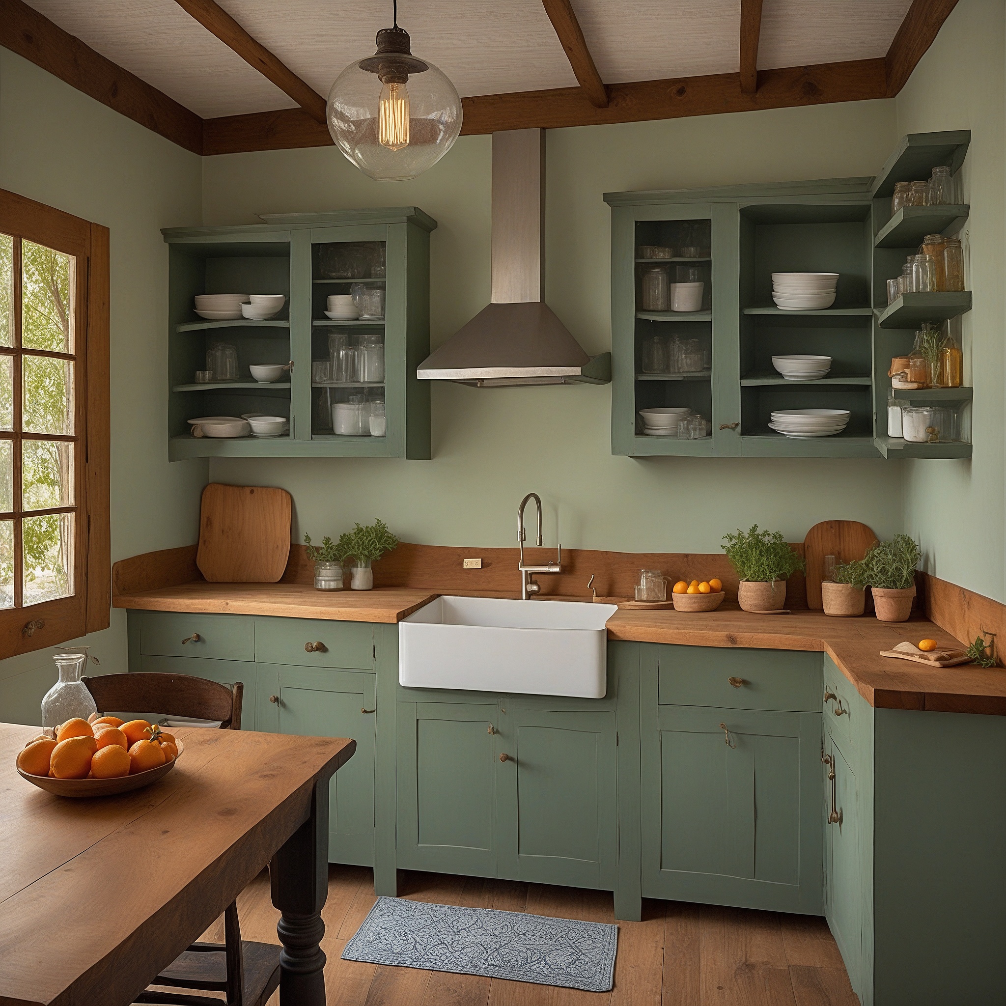 Farmhouse Sage Green Kitchen With Butcher Block Countertops