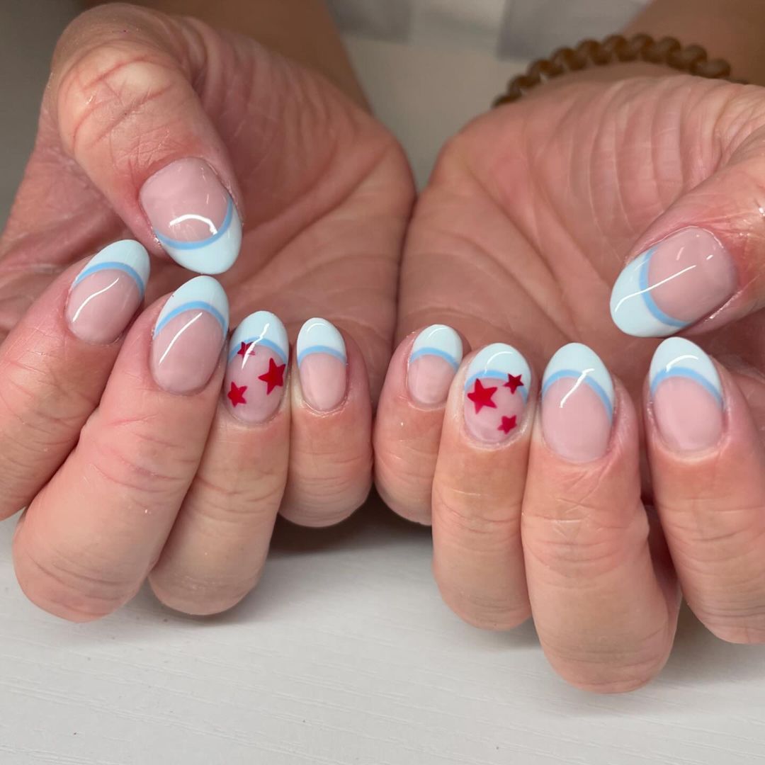 French Mani With Pale Blue Line And Red Stars