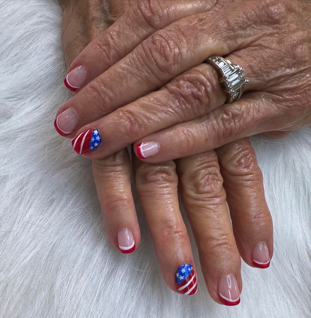 French Mani With USA Flag Accent Nail