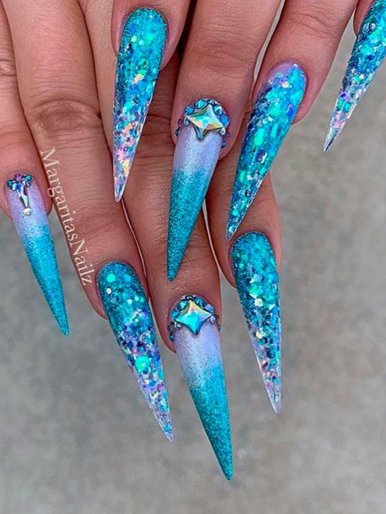 Glutter Stiletto Blue Mermaid Nails