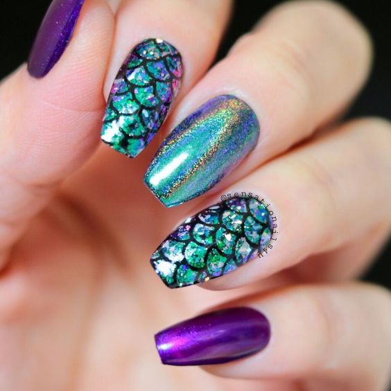 Green And Dark Purple Sparkle With Black Outlined Scales