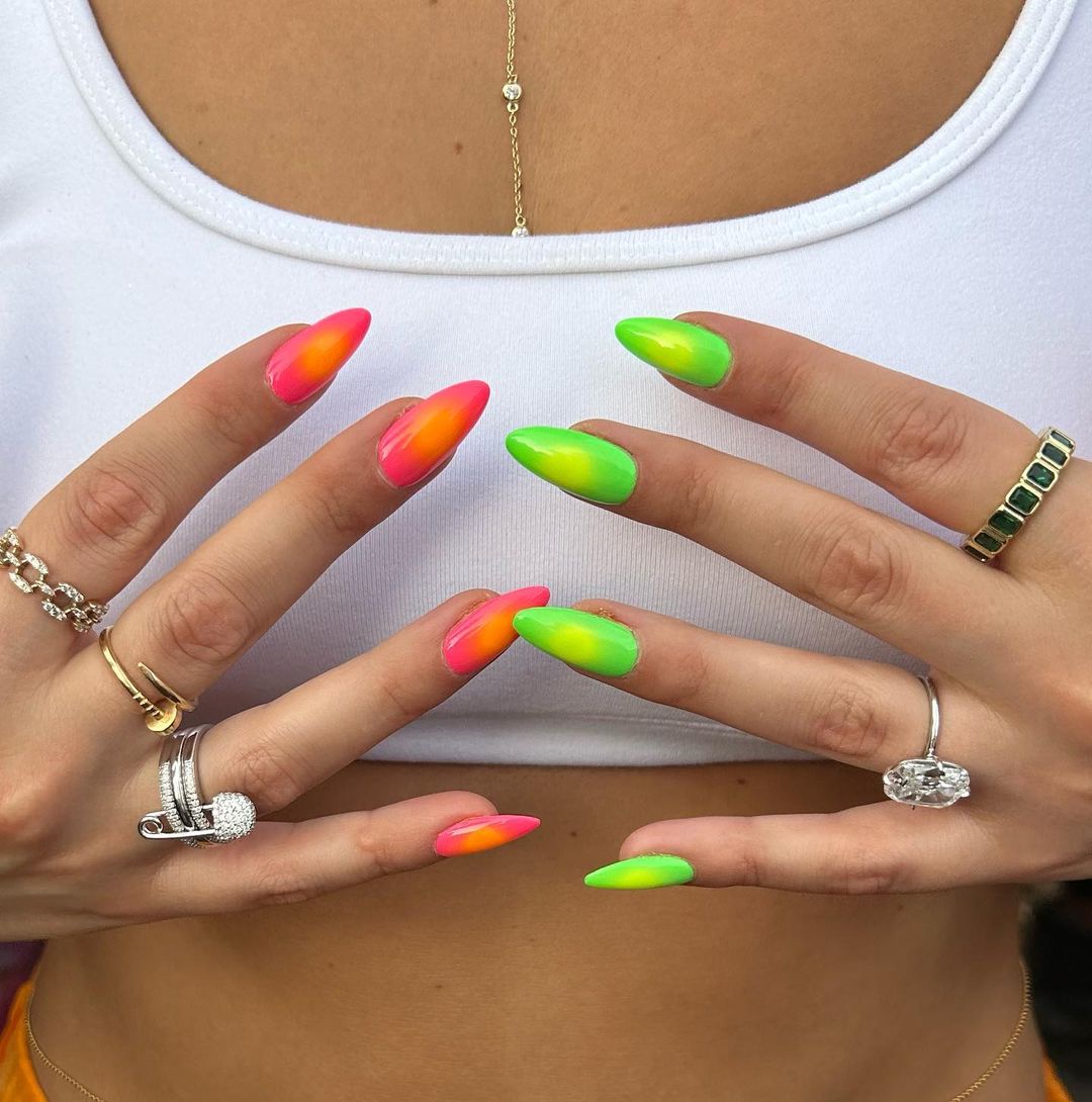 Green amd Yellow with Red and Orange Aura Nails