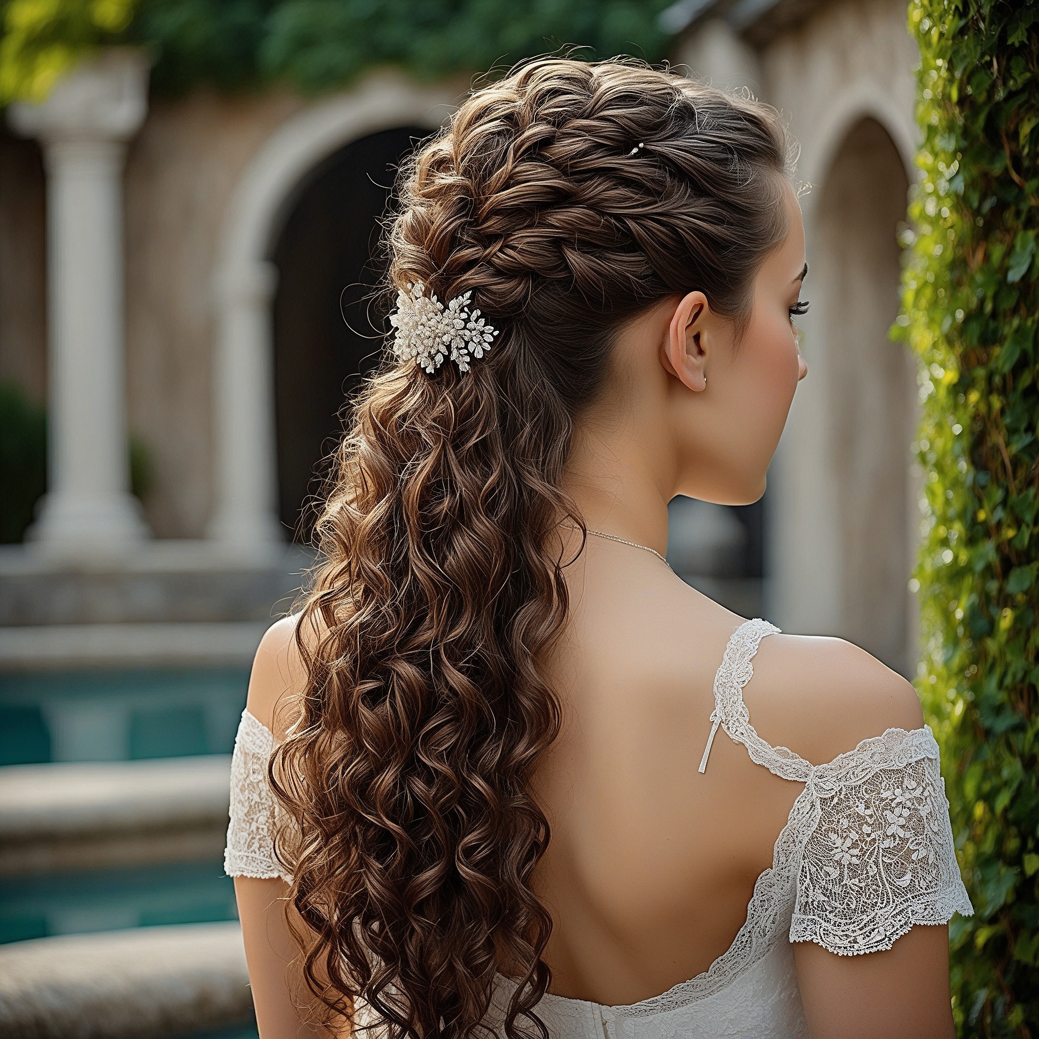 Half-up Half Down Curly Hair With Loosly Braided Top And Diamond Pin