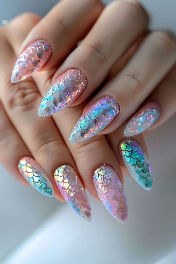 Holographic Translucent Mermaid Scale Nails