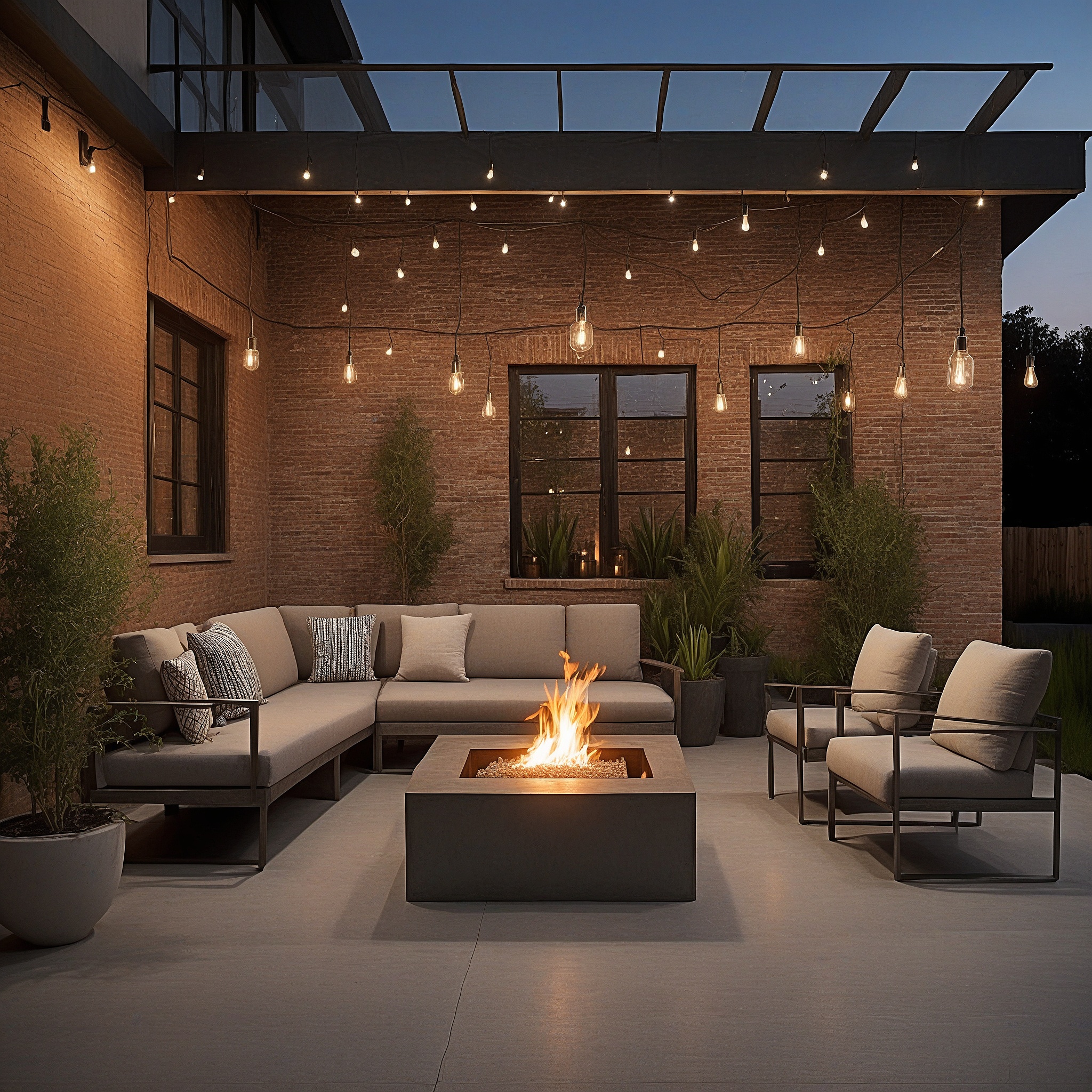 Industrial-style Back Patio, Metal Furniture, Concrete Floor, and Edison Bulb String Lights