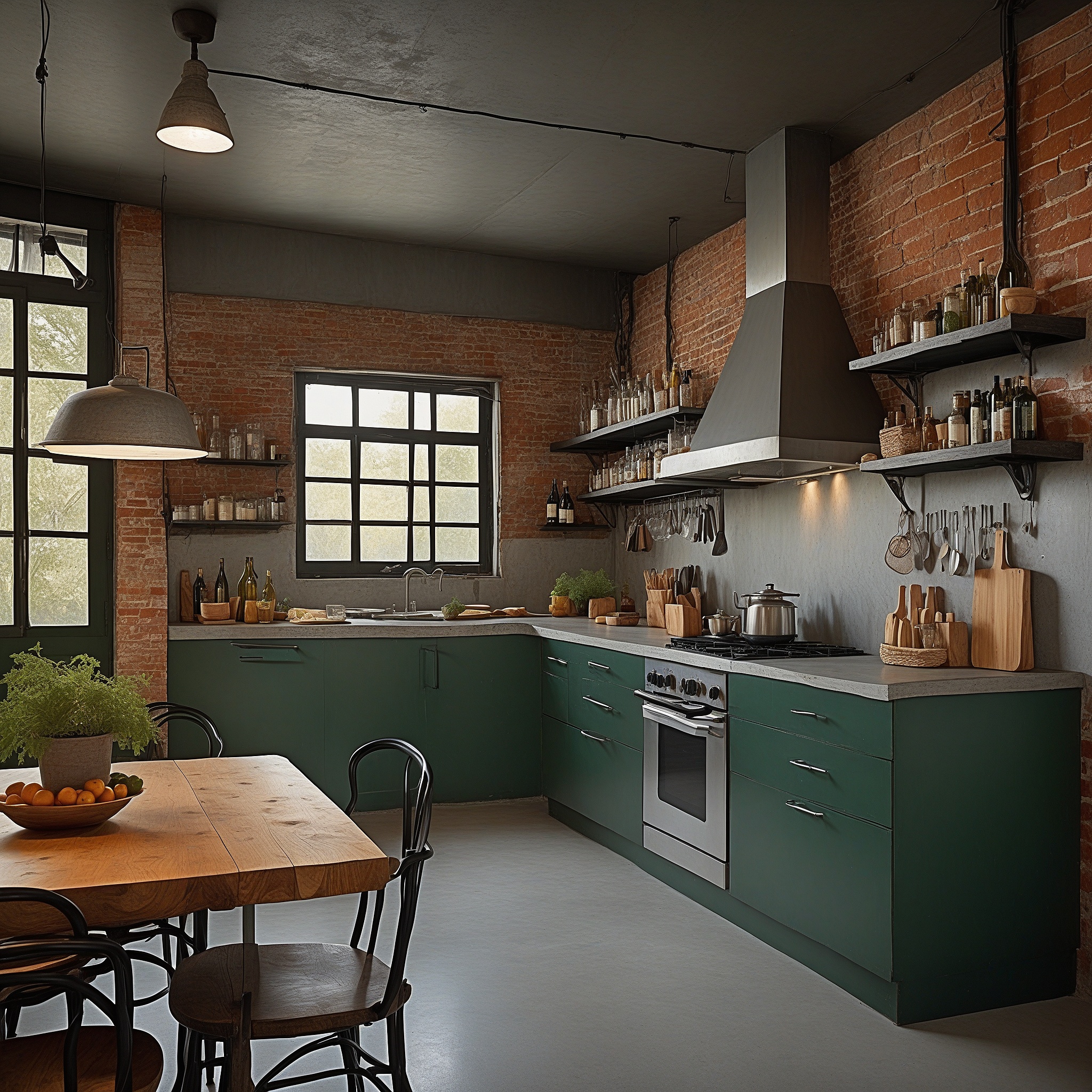 Industrial-style Dark Green Kitchen With COncrete Countertops And Open Shelves