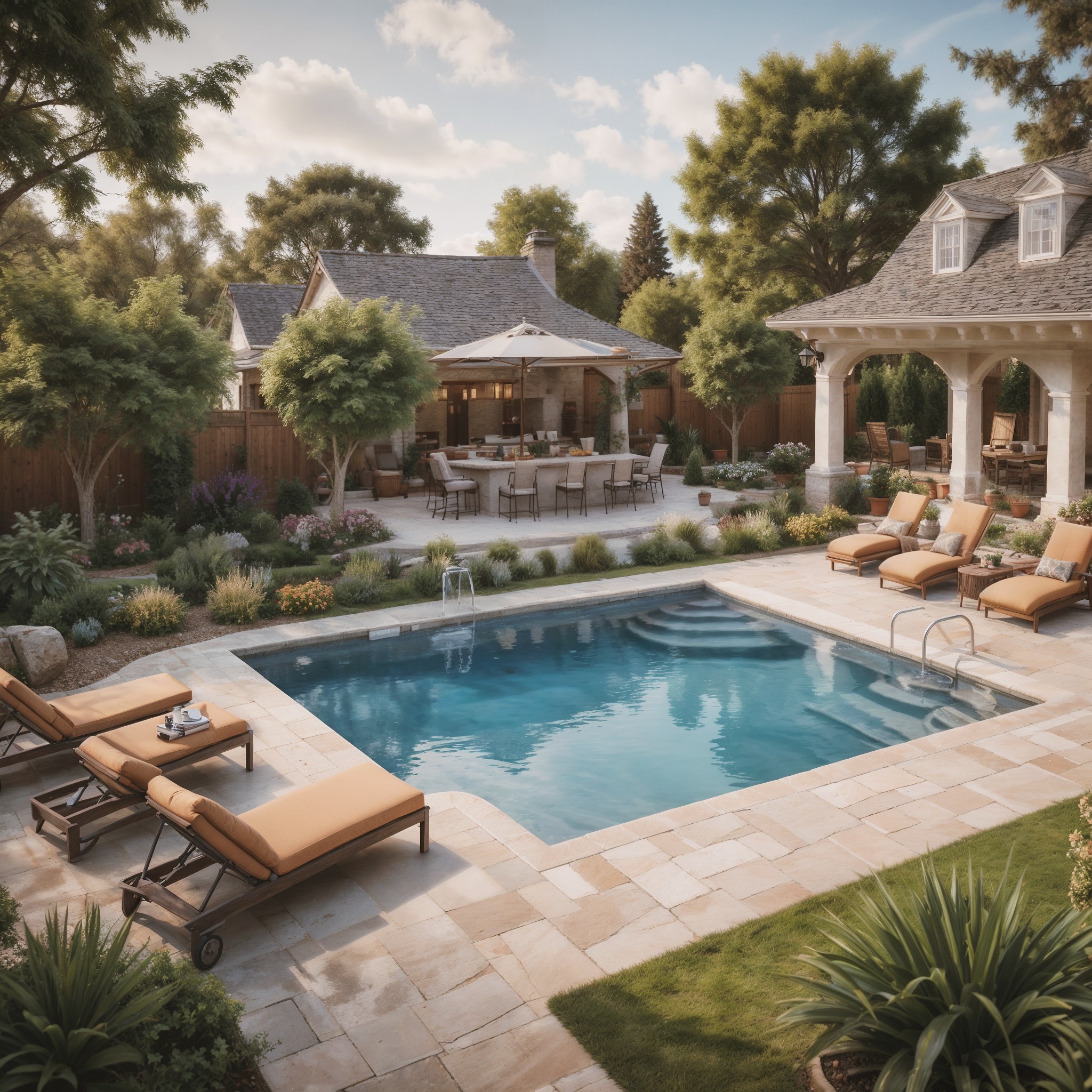 Large Backyard For Entertaining With Swimming Pool, Poolside Bar And Launge Chairs