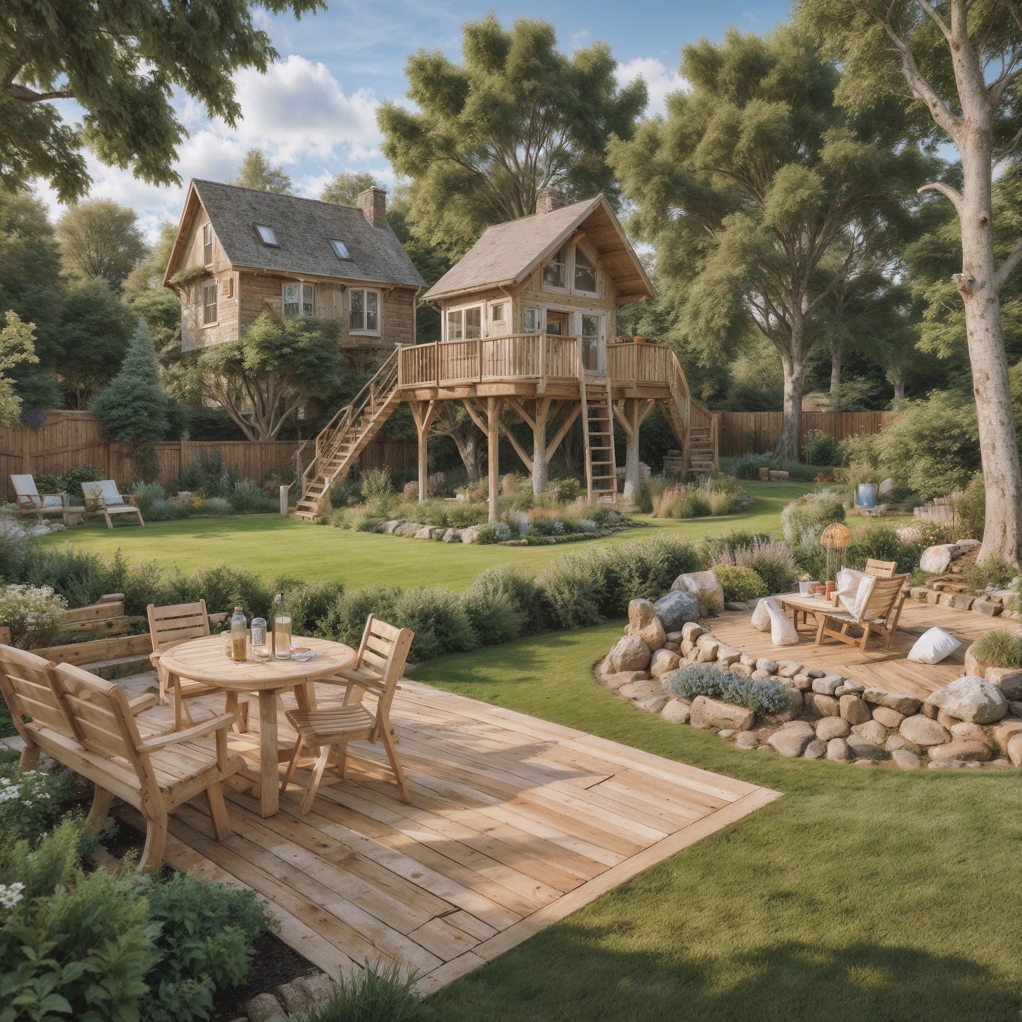 Large Countryside Backyard With Outdoor Dining Area on Wooden Deck, Vegetable Garden, And a Kids' Play Area