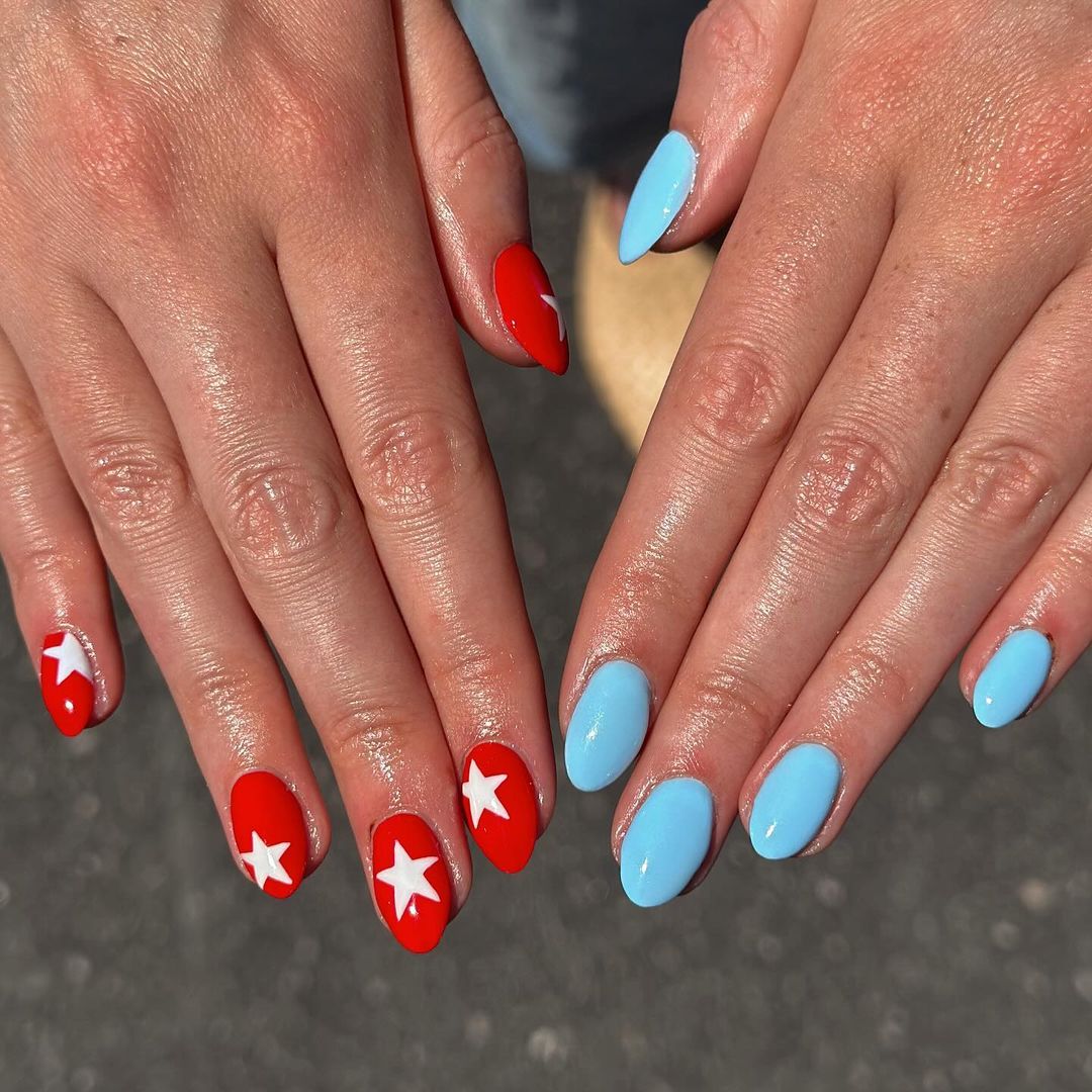 Light Blue And Cherry Oval Nails With White Stars