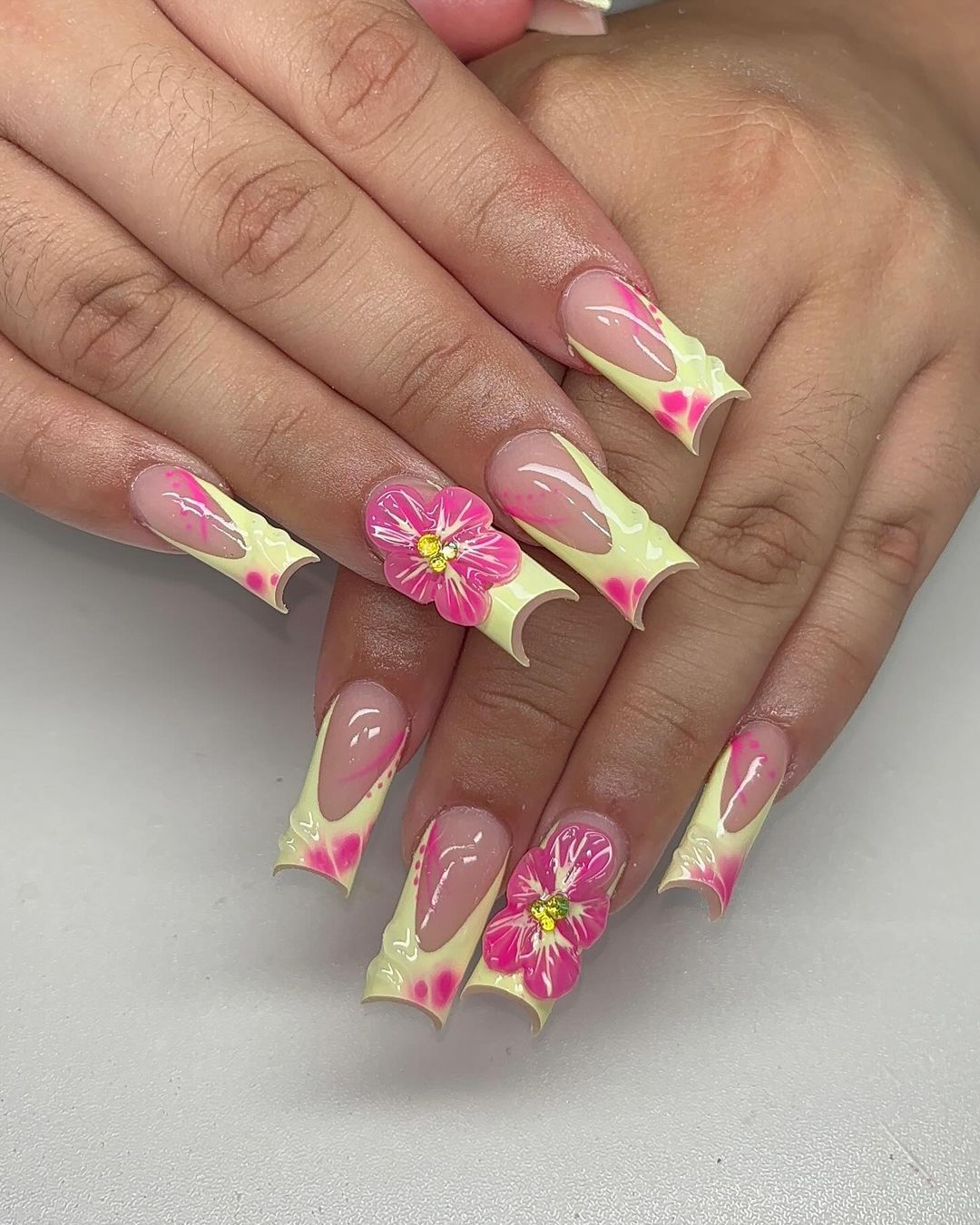 Light Yellow French Mani With Acrylic P3D Pink Flowers