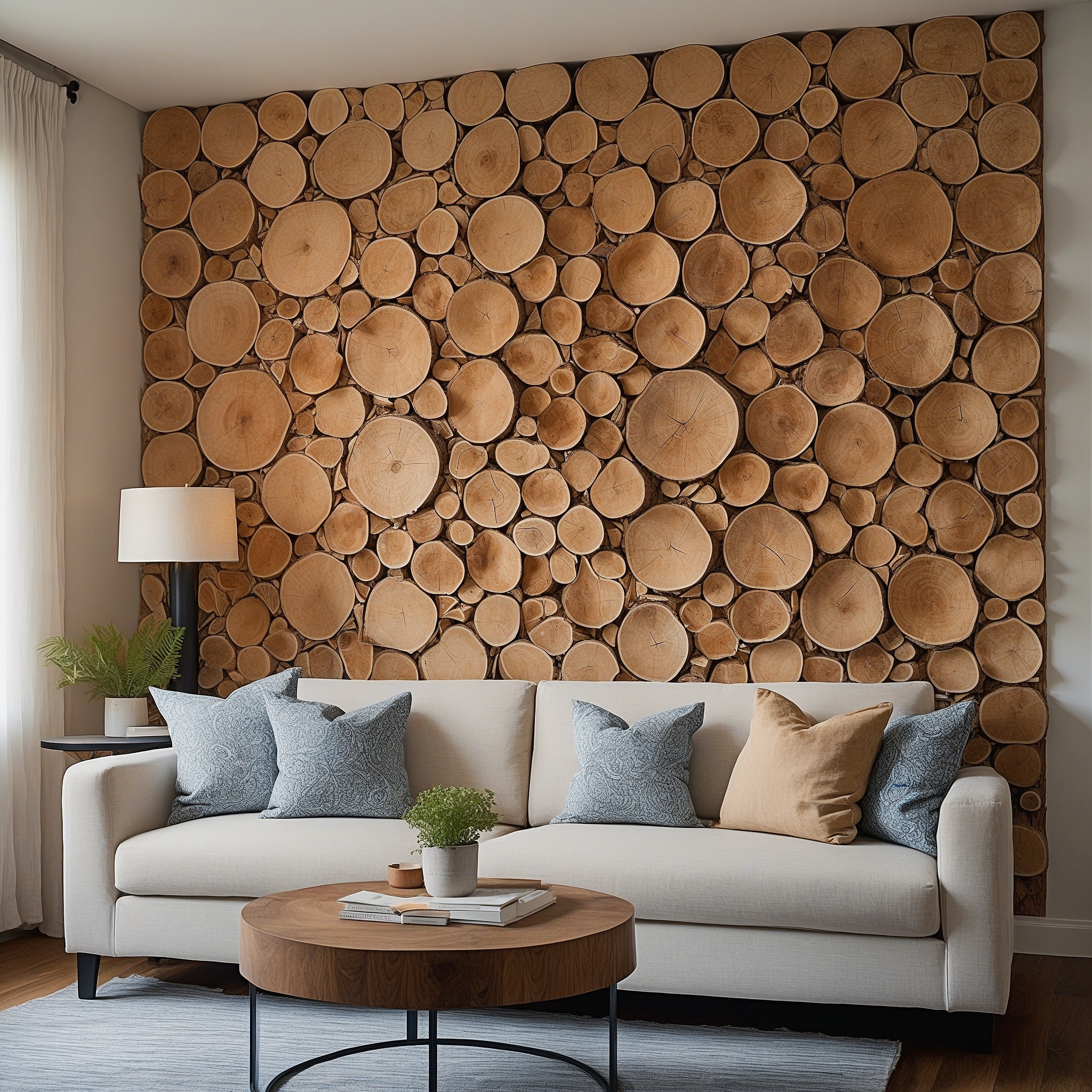 Living Room Accent Wall From Wood Slices