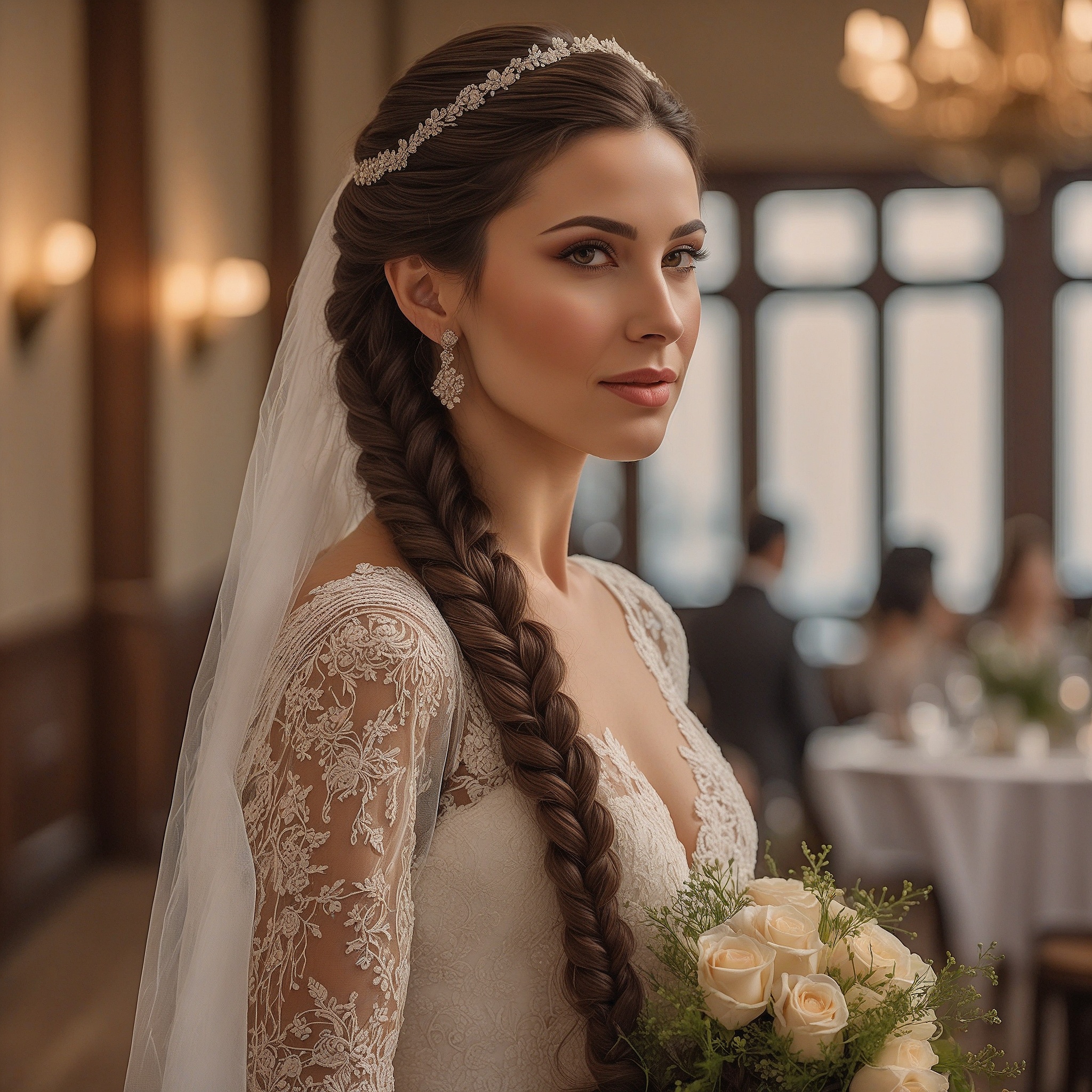 Long Fishtail Braid With Veil