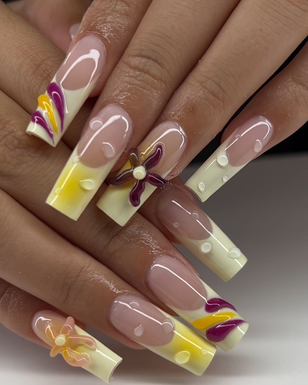 Long French Mani With 3D Lines And Flowers