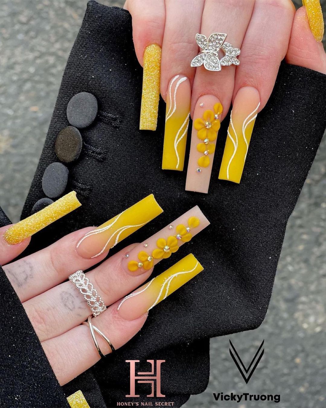 Long Square Ombre Yellow Nails With 3D Flowers And lines