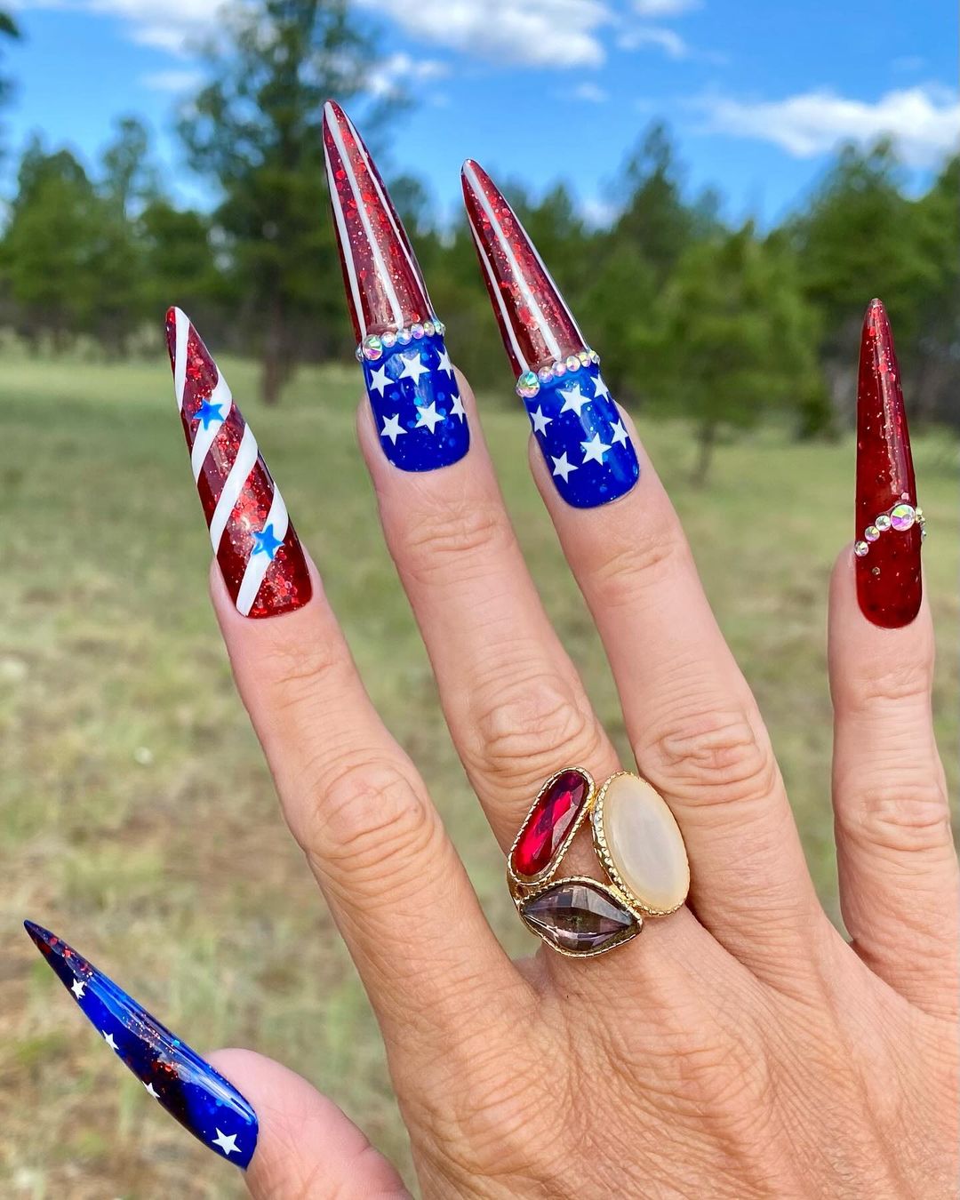 Long Stilleto American Flag Nails