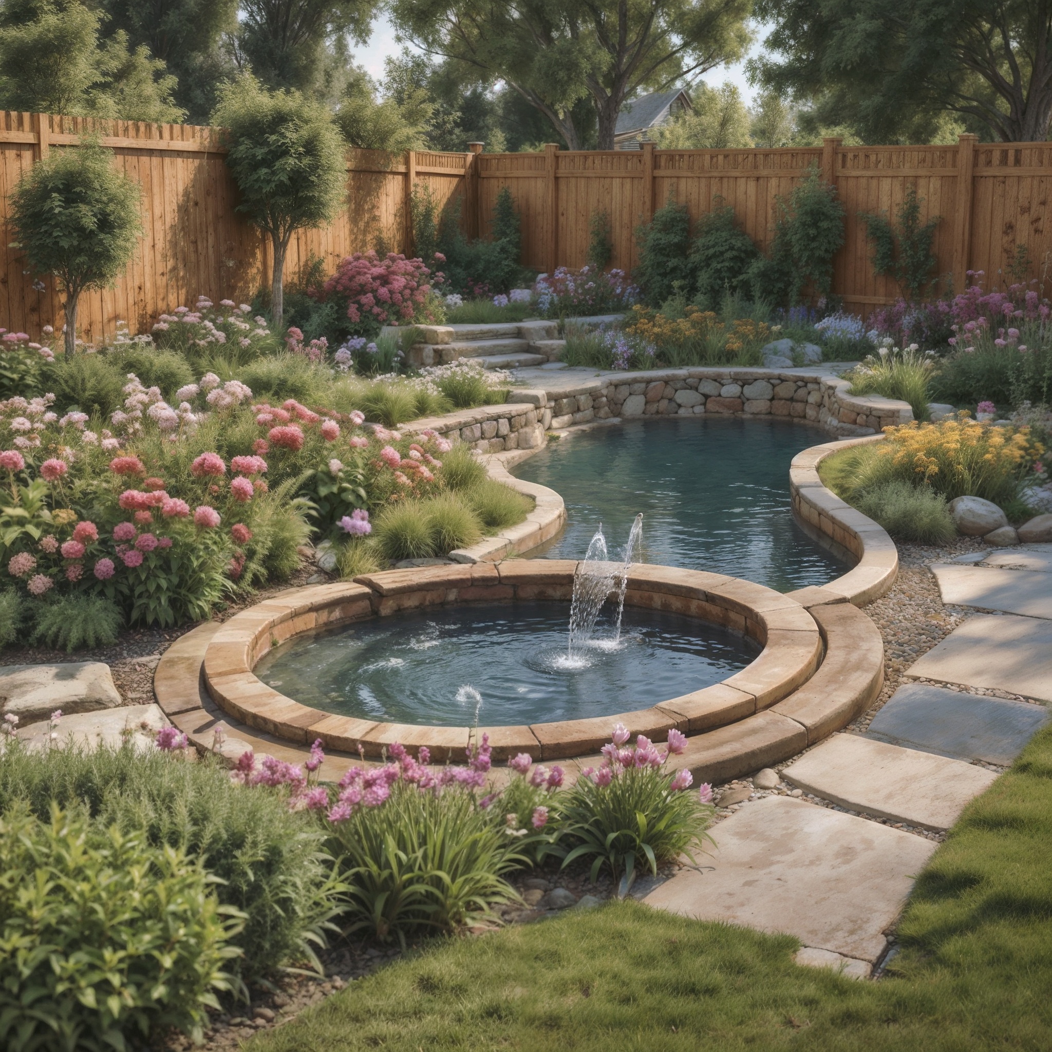 Lush Lawn, Flower Borders, and a Modern Water Feature