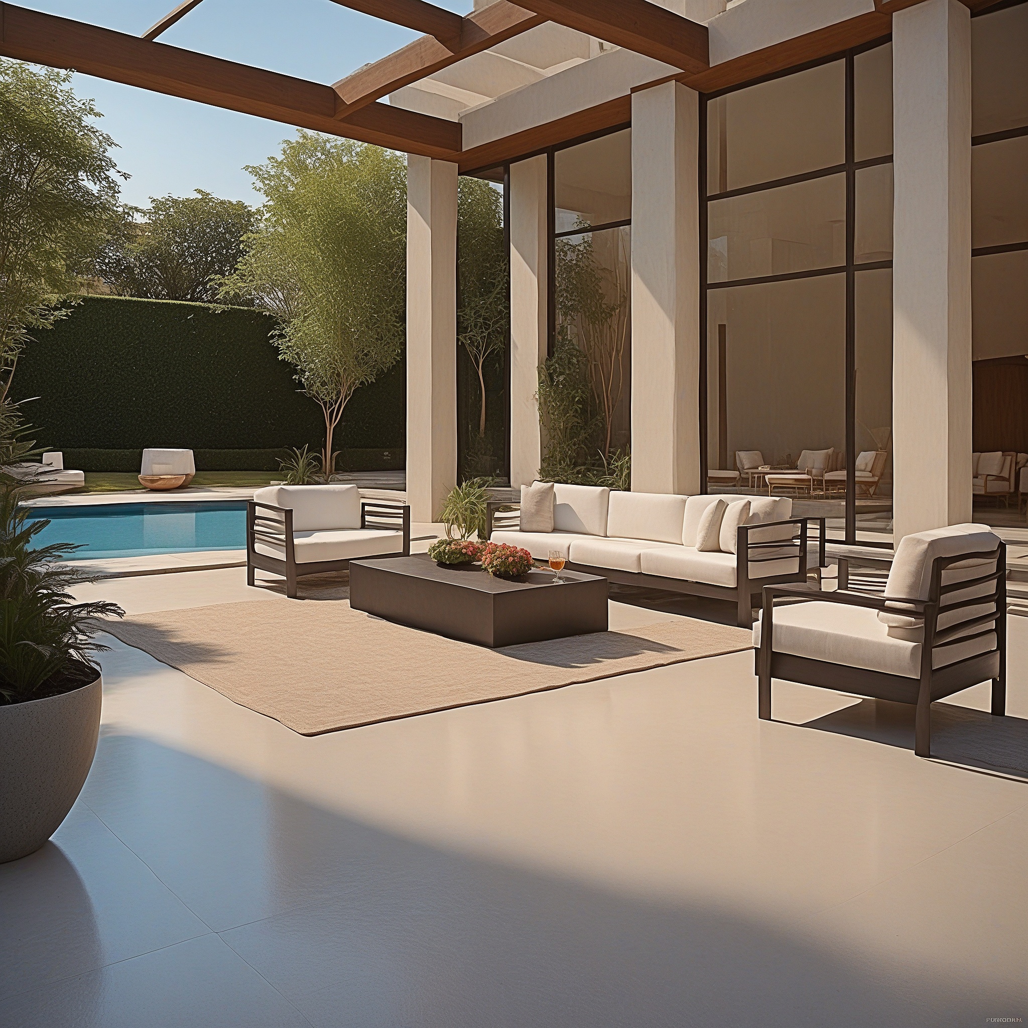 Luxurious Back Patio, Plush Outdoor Sofa, Coffee Table, and a Marble Floor