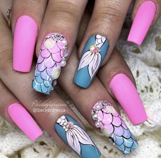 Matte Blue And Punk Mermaid Tail Nails