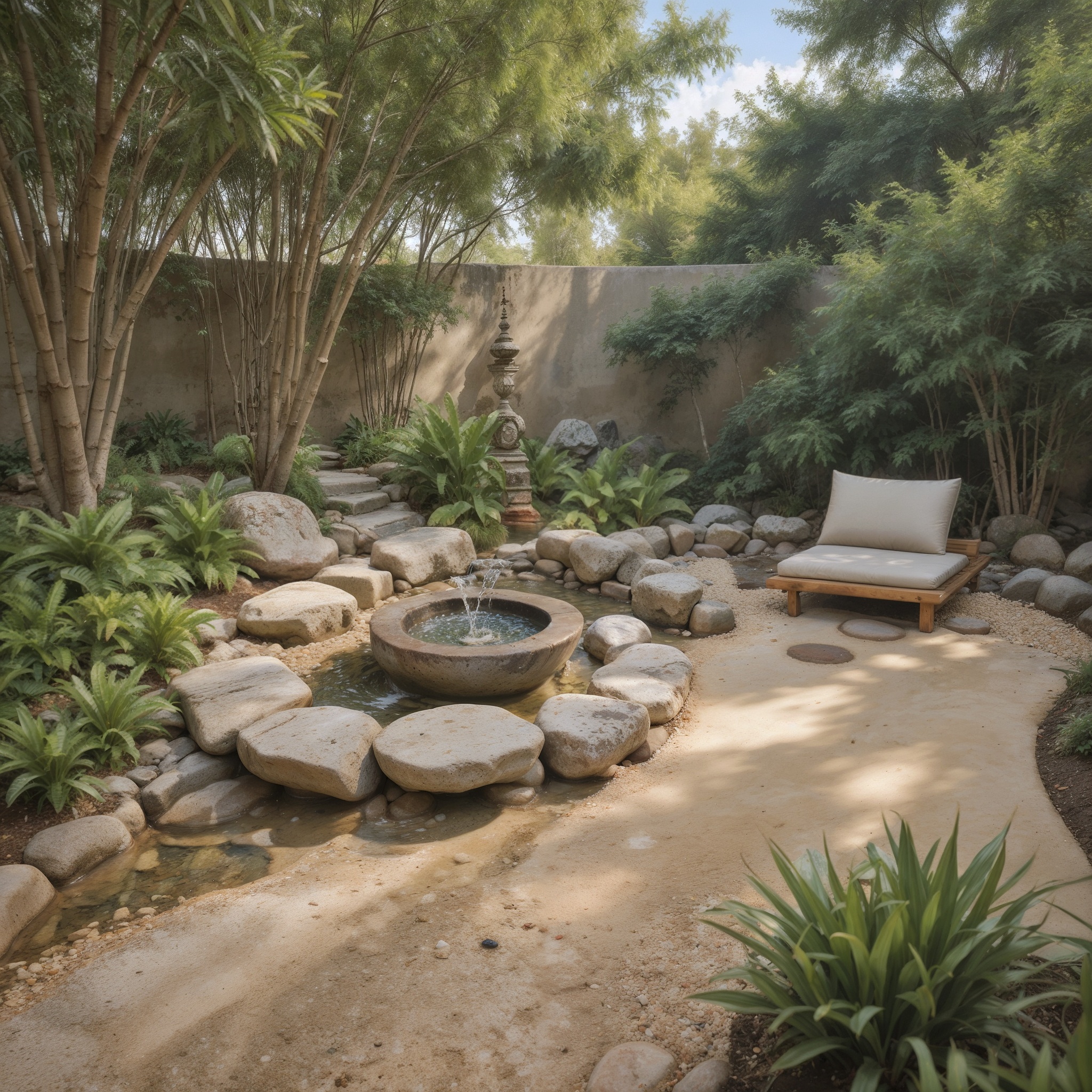 Meditation Area With Stones and Fountain