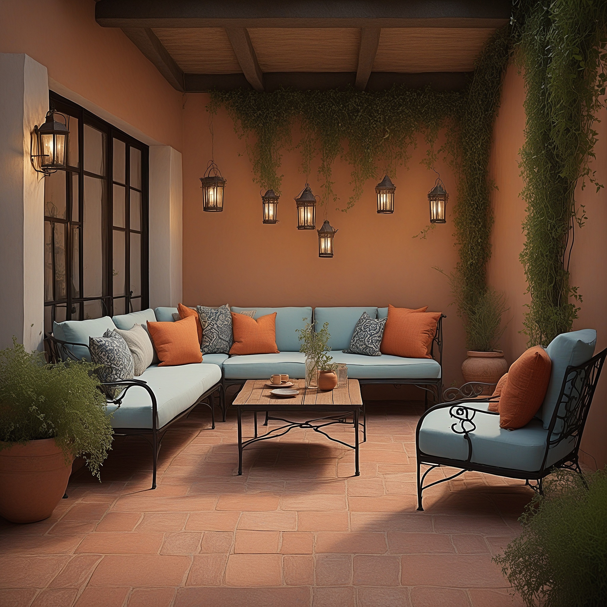 Mediterranean-style Back Patio, Wrought Iron Furniture, and Vibrant Outdoor Cushions