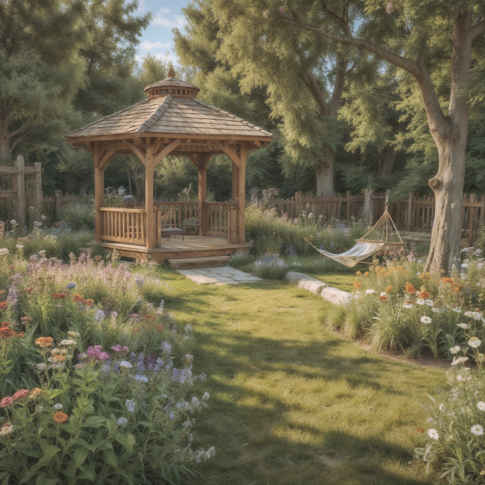 Medium-sized Backyard with a Wooden Gazebo, Hammock, and Bird Feeders