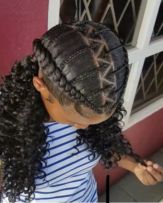 Middle Triangle Parted Box braids Laced With Side Chunky Cornrows