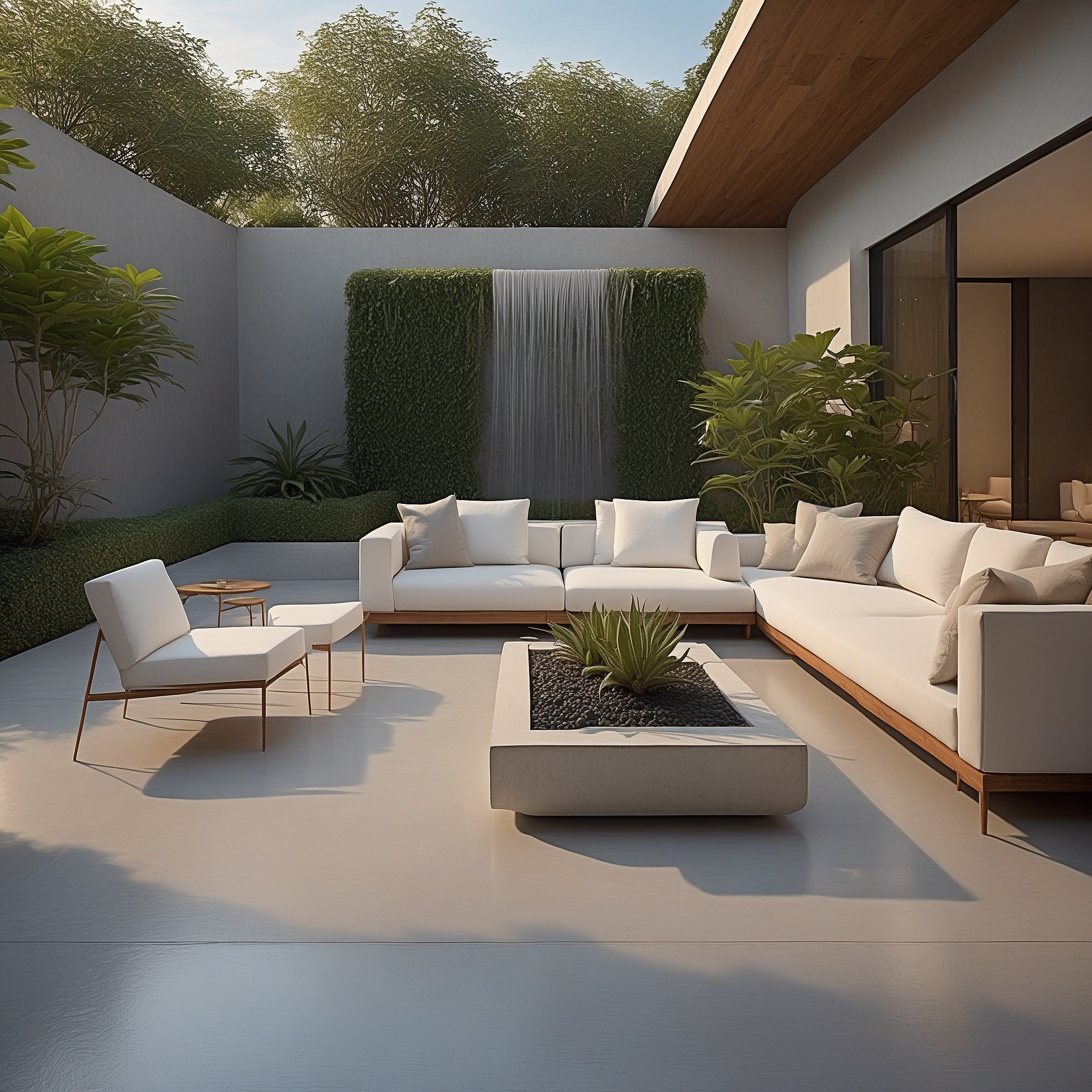 Minimalist Back Patio with Sleek, White Furniture, Decorated with Succulents and a Waterfall Feature