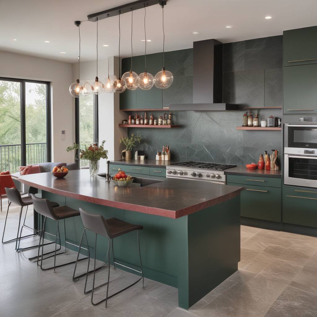 Modern Dark Green Kitche, Sleek Red Countertops, Gray Backsplash