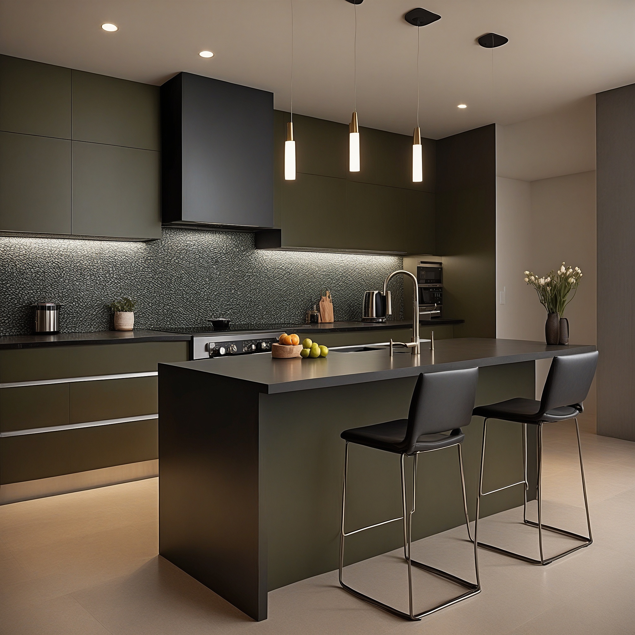 Modern Dark Olive Kitchen With Black Countertops