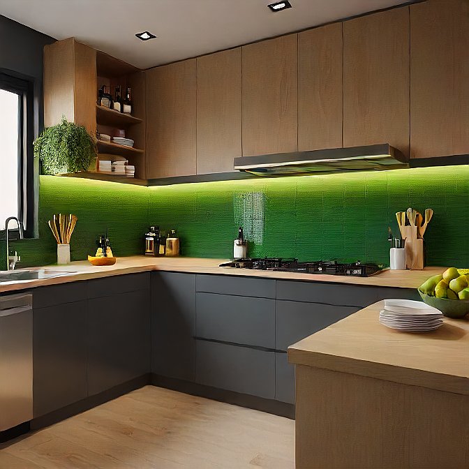 Modern Kitchen With Olive Green Lower Cabinets And Wood Panneling Upper Cabinets