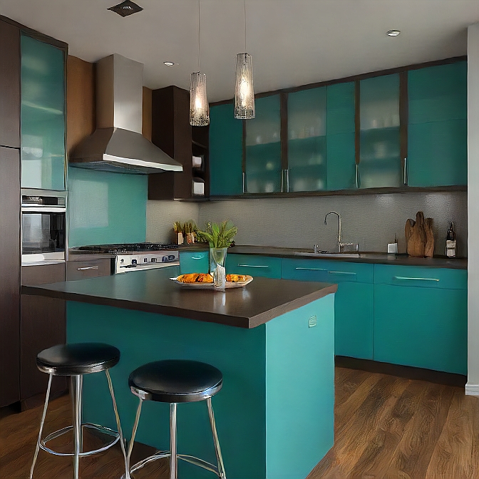 Modern Teal Kitchen With Dark Wood Countertops