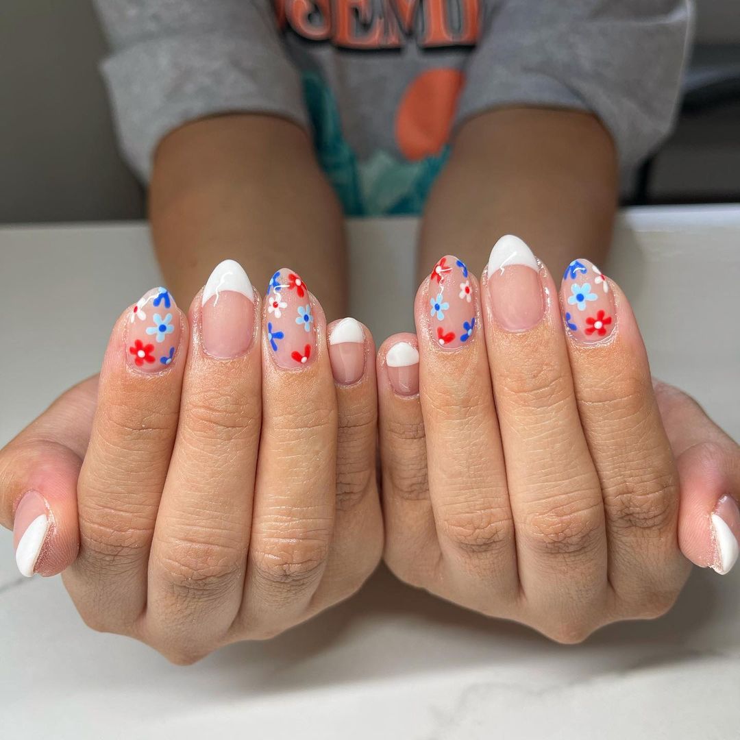 Nude French Mani With Red, White And Blue Flowers