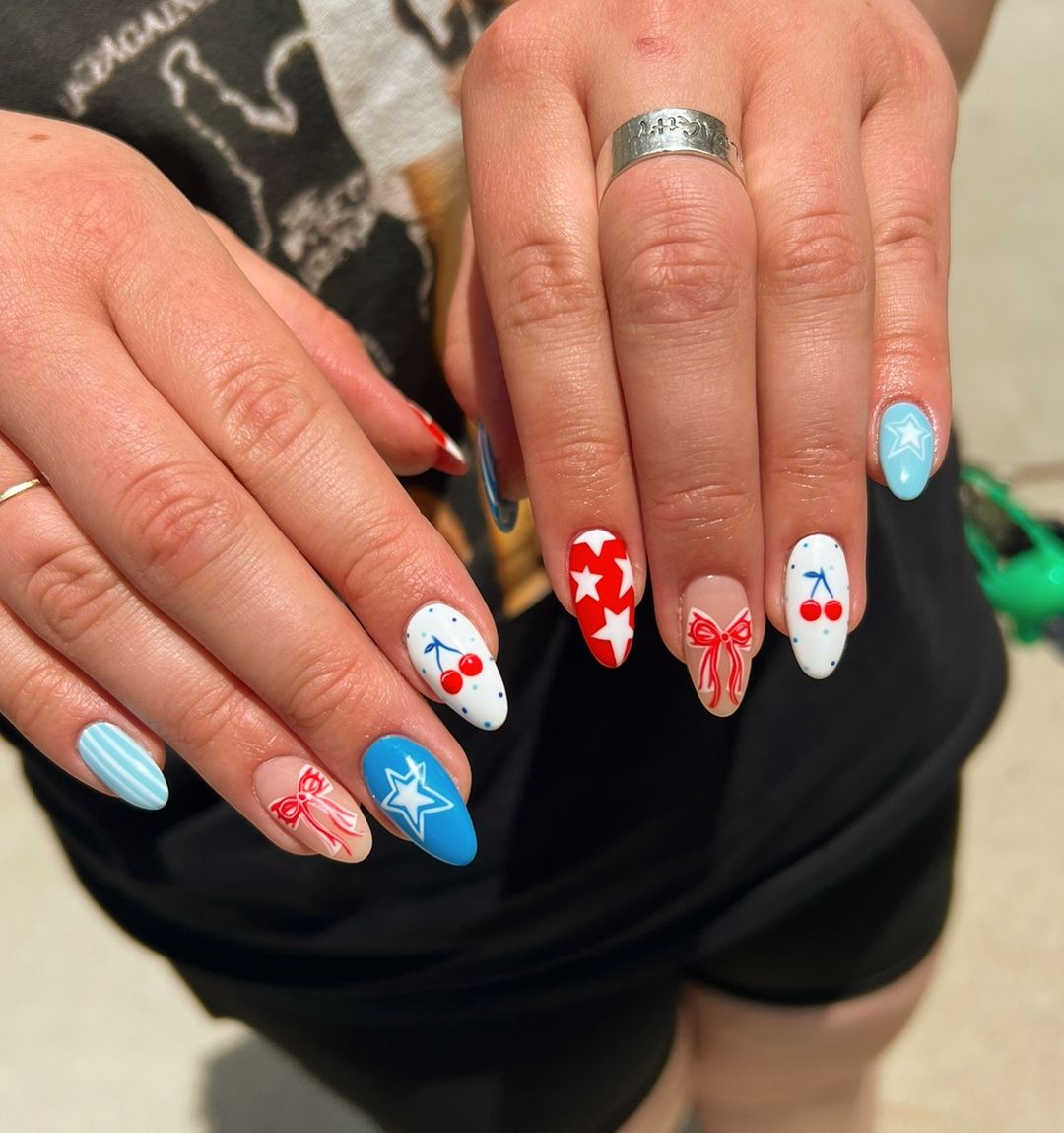 Nude, Red, White And Blue With Stars, Bows And Cherries