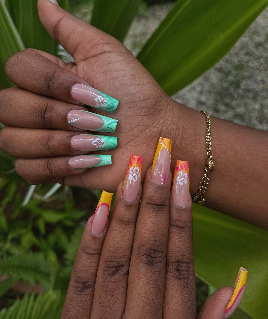 Ocean And Sunrise Tip Hibiscus Nails