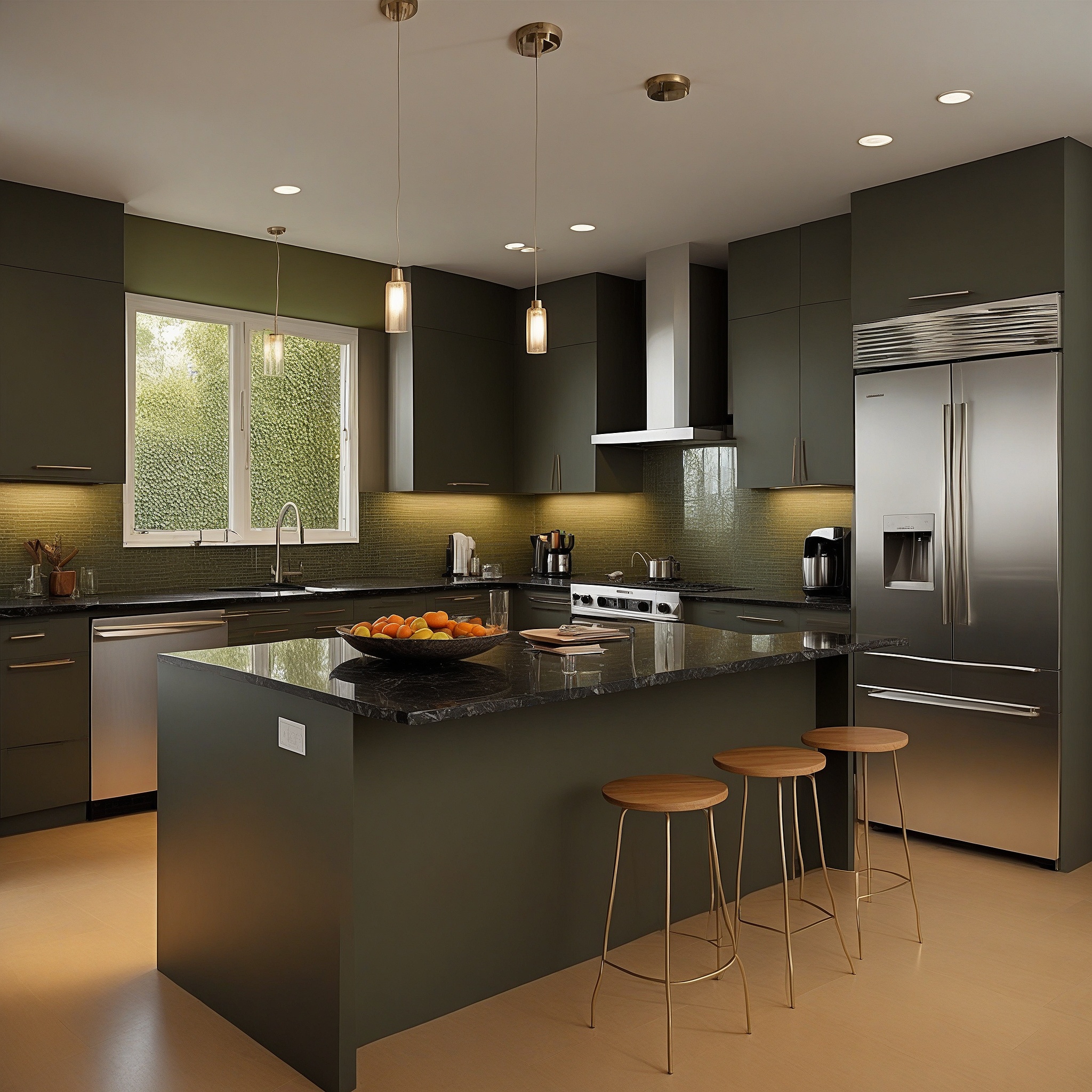 Olive Green Cabinets And Black Marble Countertop