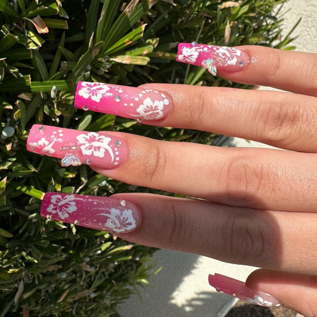 Ombre Glitter Pink Square Nails With White Hibiscus