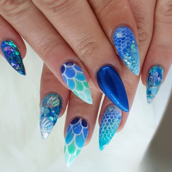 Ombre Sea Blue Mermaid Nails