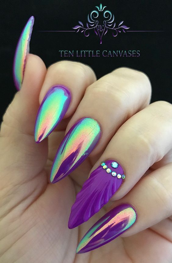 Ourole Holographic Chrome Mermaid Nails With Shell Design