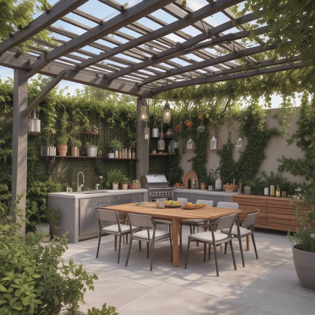 Outdoor Kitchen and Dining Area,Under a Pergola