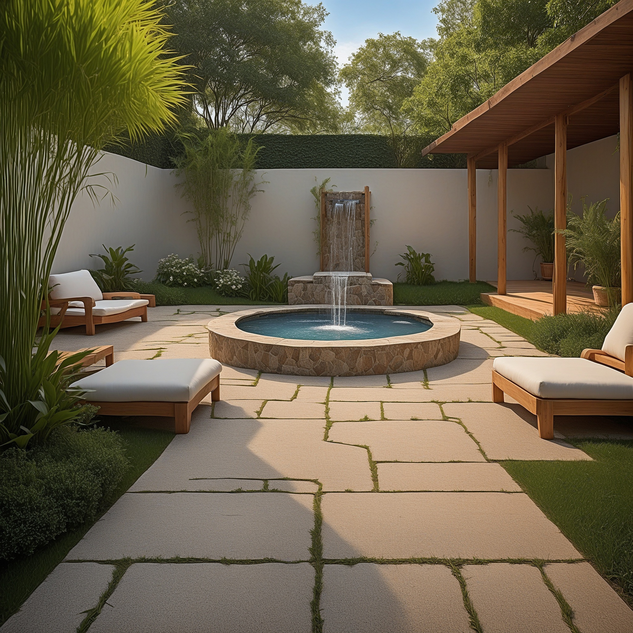 Peacefull Minimalistic Garden With Pavers And Fountain