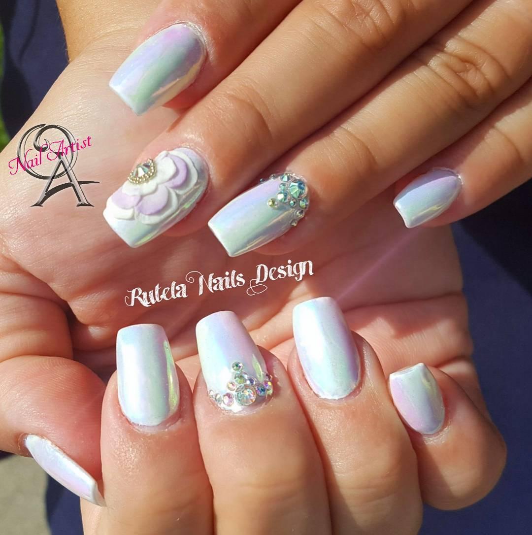 Pearly White Nails With Rhinestones And 3D Flower