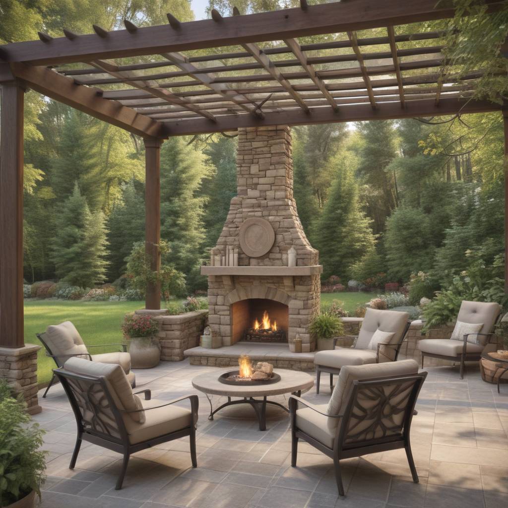 Pergola-covered Patio, Outdoor Furniture, and a Stone Fireplace