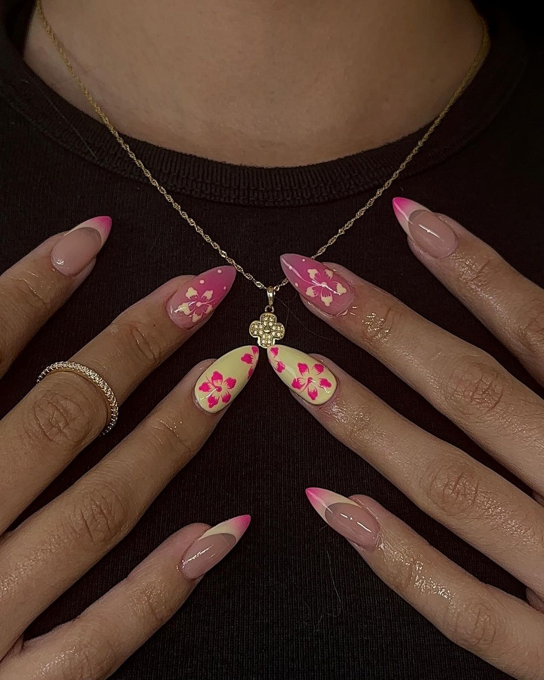 Pink And Yellow Hibiscus Flower Oval Nails