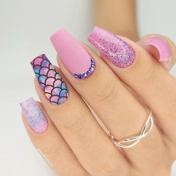 Pink Square Nails With Mermaid Scale Accent