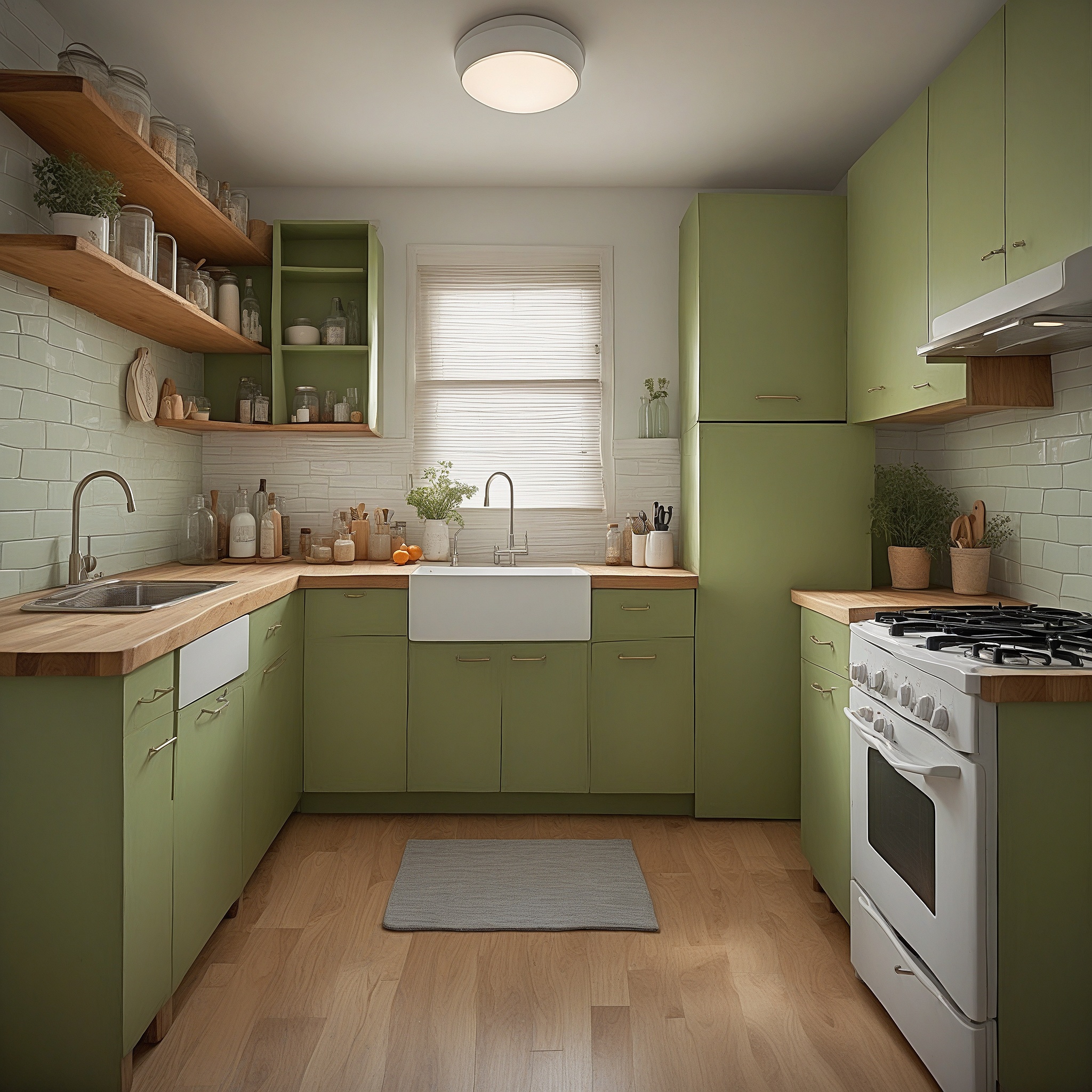 Pistachio Green Cabinets, White Subway Backsplash, Butcher Block Countertops