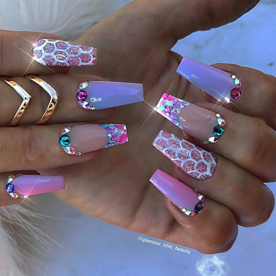 Purple and Pink Mermaid Nails With Rhinestones And Glitter