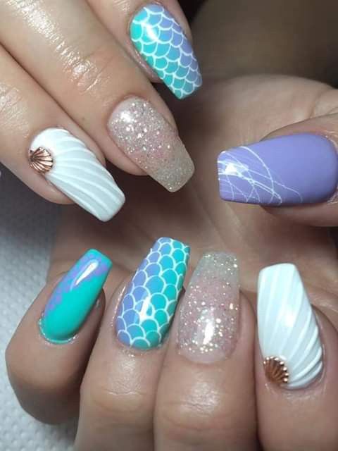 Purple and Turquise Scaled Nails, Sandy Glitter And White Shell Nail